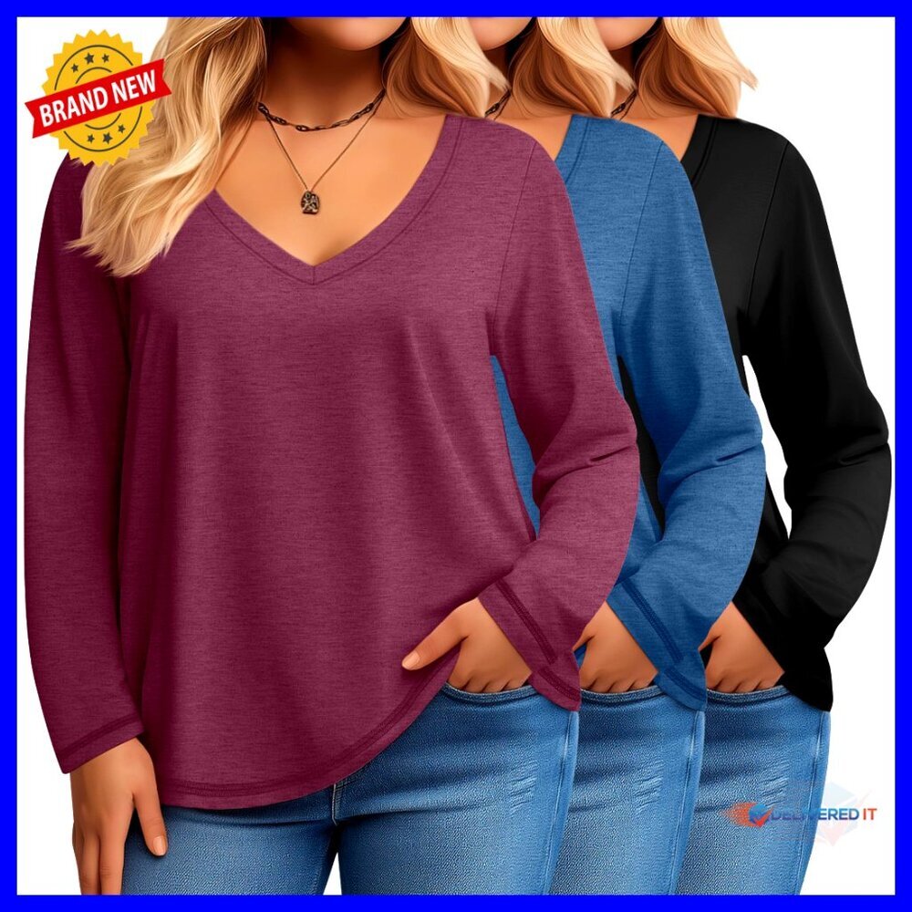 Plus Size Long Sleeve V-Neck T-Shirts, 3 Pack Loose Fit Casual Tops